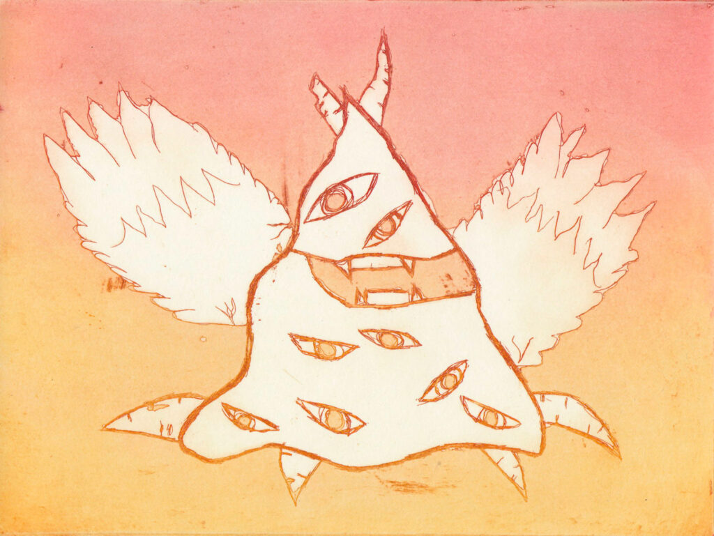 monstre, gravure en couleur