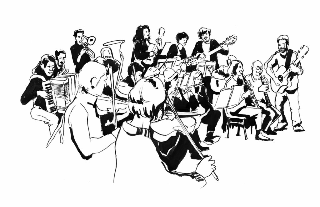 orchestre, dessin à l,encre de chine